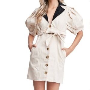 En Saison Women Dress Medium Beige Puff Sleeve Button Front Belted academia